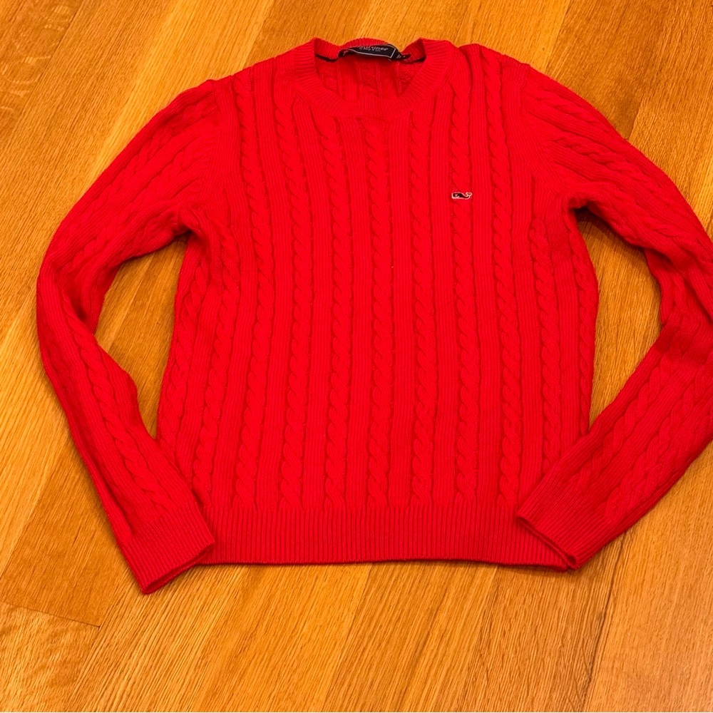 Vineyard Vines Red Cable-Knit Crewneck Sweater Size Large Cotton Cashmere Blend